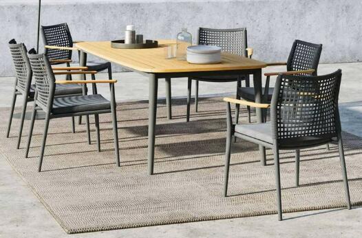 Outdoor-Tisch aus Teakholz und 6 Stühle mit wetterbeständigem, UV-beständigem Aluminiumrahmen für Gärten, Innenhöfe und Villen