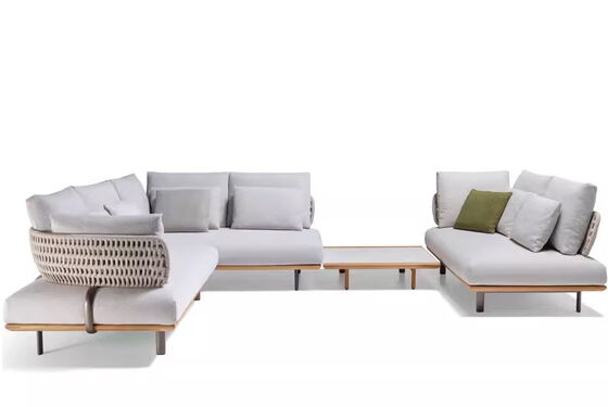 Good price L shape Teak Aluminum Rope patio sofa set high density sponge online
