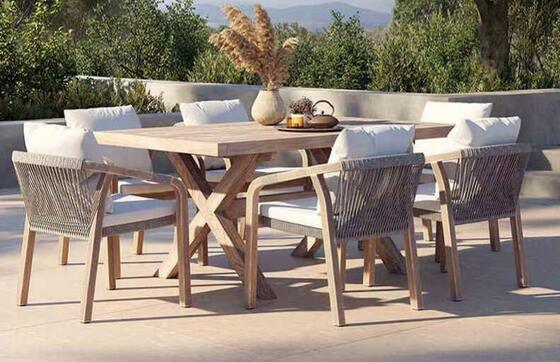 Good price 6pcs Rope Wicker Rattan Long Dining Table Chair Set Waterproof UV Resistant for Outdoor online